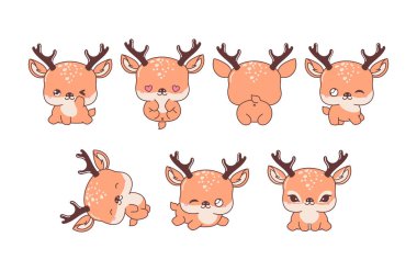 Vektör Karikatür Geyik Sanatı Koleksiyonu. Giysiler, Çıkartmalar, Bebek Duşu, Renkli Sayfalar İçin İzole Edilmiş Hayvan Resimleri. 