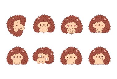 Bir takım Kawaii izole kirpi. Yapıştırmalar, Bebek Duşu, Renkli Sayfalar, Giysiler için Parmak izleri için Vector Çizgi Film Ormanı Hayvan Resimleri Koleksiyonu. 