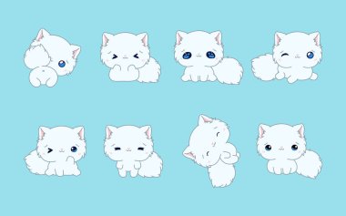 Bir takım Kawaii izole edilmiş Pers kedisi. Etiketler, Bebek Duşu, Renkli Sayfalar, Giysiler için Parmak izleri. 