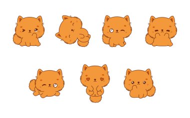 Vektör Karikatür Koleksiyonu Pomeranya Spitz Sanatı. Giysiler, Çıkartmalar, Bebek Duşu, Renkli Sayfalar İçin İzole Köpek Resimleri. 