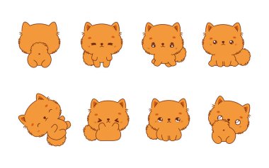 Bir grup Kawaii Pomeranya Köpeği 'ni izole etti. Etiketler, Bebek Duşu, Renkli Sayfalar, Giysiler için Parmak izleri. 