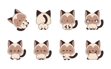Bir set Kawaii izole edilmiş siyam kedisi. Etiketler, Bebek Duşu, Renkli Sayfalar, Giysiler için Parmak izleri. 