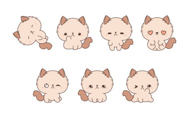 Vektör Çizgi Filmi Ragamuffin Kedi Çizimleri. Kawaii Koleksiyonu Çıkartmalar için Kedi Sanatı, Giysiler için Parmak izleri, Bebek Duşu, Renkli Sayfalar. 