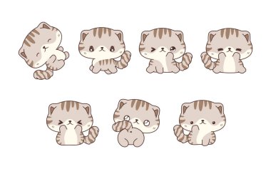 Vektör Çizgi Film Koleksiyonu İskoç Katlama Kedicik Sanatı. Giysiler, Çıkartmalar, Bebek Duşu, Renkli Sayfalar İçin İzole Bebek Evcil Hayvan İllüstrasyonları. 