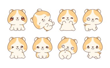 Bir set Kawaii izole Hamster. Yapıştırmalar, Bebek Duşu, Renkli Sayfalar, Giysiler için Parmak izleri için Vector Bebek Resimleri Koleksiyonu. 