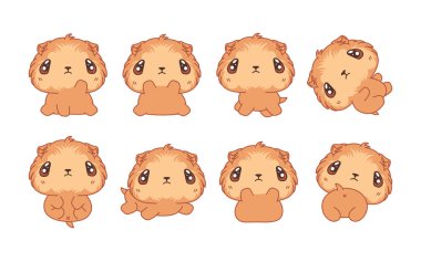 Kawaii izole edilmiş kobay seti. Etiketler, Bebek Duşu, Renkli Sayfalar, Giysiler için Parmak izleri için Vektör Karikatür Kemirgen Resimleri Koleksiyonu. 