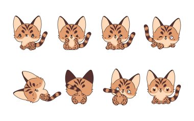 Bir takım Kawaii soyutlanmış Bengal kedisi. Yapıştırmalar, Bebek Duşu, Renkli Sayfalar, Giysiler için Parmak izleri. 