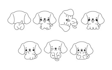 Vektör Karikatür Beagle Köpek Renk Sayfası Koleksiyonu. Etiketler, Bebek Duşu, Renk Kitabı, Giysiler için İzole Edilmiş Köpek Taslağı. 