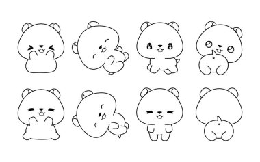 Kawaii 'nin izole edilmiş Hamster Renk Sayfası. Çıkartmalar, Bebek Duşu, Renk Kitabı, Giysiler için Parmak izleri için Sevimli Vektör Çizgi Filmi Özeti. 