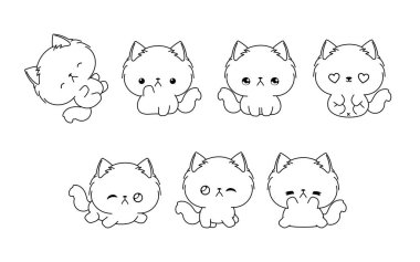 Vektör Çizgi Film Koleksiyonu Ragamuffin Kitty Renk Sayfası. Etiketler, Bebek Duşu, Renk Kitabı, Giysiler için İzole Hayvanlar Taslağı. 