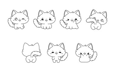 Vektör Çizgi Roman Bebek Kedi Rengi Sayfası Koleksiyonu. Etiketler, Bebek Duşu, Renk Kitabı, Giysiler için İzole Bebek Hayvan Taslağı. 