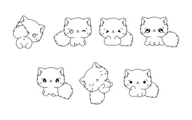 Vektör Çizgi Film Koleksiyonu Pers Kedisi Boyama Sayfası. Etiketler, Bebek Duşu, Renk Kitabı, Giysiler için İzole Kedi Taslağı. 