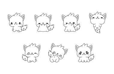 Vektör Karikatür Kurt Boyama Sayfası Koleksiyonu. Etiketler, Bebek Duşu, Renk Kitabı, Giysiler için İzole Hayvanlar Tasviri. 