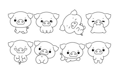 Kawaii izole edilmiş domuz boyama sayfası seti. Çıkartmalar, Bebek Duşu, Renk Kitabı, Giysiler için Parmak izleri için Sevimli Vektör Karikatür Çiftliği Hayvan Taslak Koleksiyonu. 