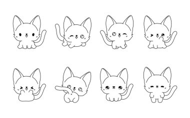 Kawaii 'nin izole edilmiş Bengal Kedi Boyama Sayfası. Çıkartmalar, Bebek Duşu, Renk Kitabı, Giysiler için Parmak izleri için Sevimli Vektör Çizgi Filmi Bebek Taslağı Koleksiyonu. 