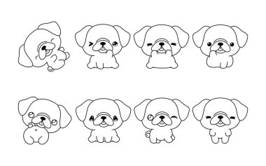 Kawaii 'nin izole edilmiş Pug Dog Renk Sayfası. Çıkartmalar, Bebek Duşu, Renk Kitabı, Giysiler için Parmak izleri için Şirin Vektör Çizgi Köpek Taslak Koleksiyonu. 