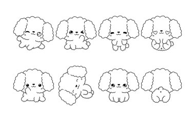 Kawaii 'nin izole edilmiş kaniş köpek boyama sayfası. Çıkartmalar, Bebek Duşu, Renk Kitabı, Giysiler için Parmak izleri için Şirin Vektör Çizgi Köpek Taslak Koleksiyonu. 
