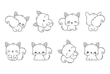 Kawaii izole edilmiş sincap boyama sayfası seti. Çıkartmalar, Bebek Duşu, Renk Kitabı, Giysiler için Parmak izleri için Sevimli Vektör Çizgi Filmi Hayvan Taslağı Koleksiyonu. 