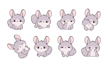 Kawaii seti Çinçilla 'yı izole etti. Etiketler, Bebek Duşu, Renkli Sayfalar, Giysiler için Parmak izleri için Vektör Karikatür Kemirgen Resimleri Koleksiyonu. 