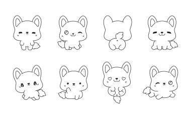 Vektör Corgi Yavru Köpek Renk Sayfası Koleksiyonu. Etiketler, Bebek Duşu, Renk Kitabı, Giysiler için İzole Köpek Taslağı. 