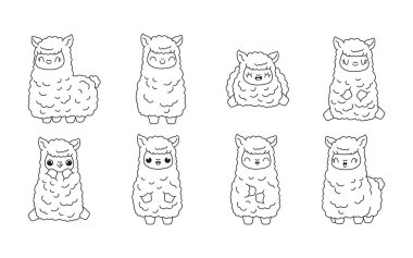 Kawaii 'nin izole edilmiş Lama renklendirme sayfası. Yapıştırmalar, Bebek Duşu, Renk Kitabı, Giysiler için Parmak izleri için Sevimli Vektör Çizgi Filmi Bebek Lama Taslağı. 