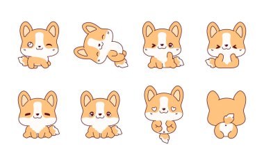 Vektör Karikatür Corgi Köpek Sanatı Koleksiyonu. Giysiler, Çıkartmalar, Bebek Duşu, Renkli Sayfalar İçin İzole Köpek Resimleri. 