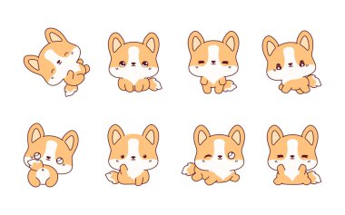 Kawaii seti Corgi Dog 'u izole etti. Etiketler, Bebek Duşu, Renkli Sayfalar, Giysiler için Parmak izleri. 