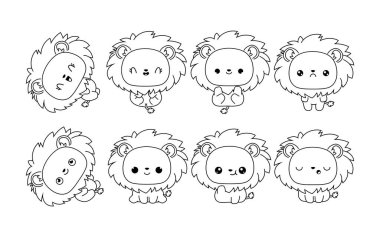 Kawaii Aslan Boyama Sayfası. Şirin Vektör Karikatür Kralı Etiketler, Bebek Duşu, Renk Kitabı, Giysiler için Parmak izleri. 