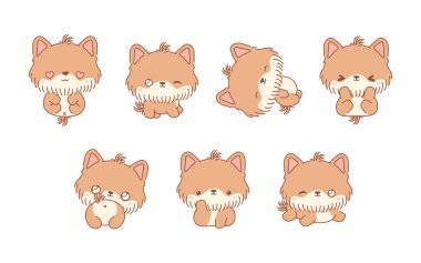 Bir dizi Vektör Karikatür Bebek Hayvan Resimleri. Kawaii Koleksiyonu Etiketler için Yorkshire Teriyeri Köpek Sanatı, Giysiler için Parmak izleri, Bebek Duşu, Renkli Sayfalar. 