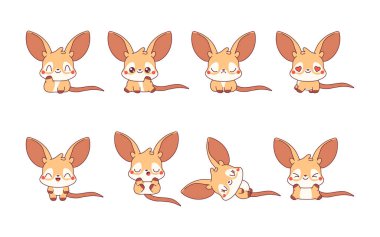 Kawaii izole edilmiş kanguru seti. Etiketler, Bebek Duşu, Renkli Sayfalar, Giysiler için Parmak izleri için Vector Marsupial Hayvan Resimleri Koleksiyonu. 