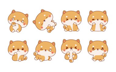 Kawaii seti Shiba Inu Dog 'u izole etti. Etiketler, Bebek Duşu, Renkli Sayfalar, Giysiler için Parmak izleri. 