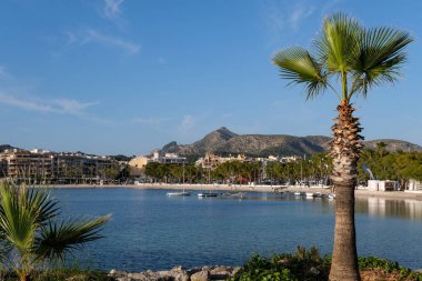 Öğleden sonra güneşli hava limanda tekneler, palmiyeler ve dağlar, sahil tatili.