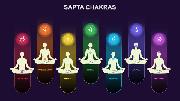 Sapta Chakra Com Meditação Pose Humana Ilustração Les Sept Chakras Fotos De Bancos De Imagens Sem Royalties