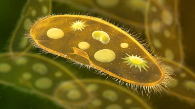 Paramesyum protozoa 3D çizim. Euglena Viridis proteusu