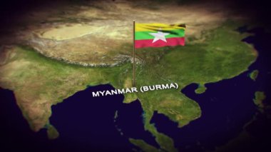 Dünya Haritasında Myanmar Bayrağı (Burma), Myanmar (Burma) haritasında 3d animasyon bayrağı