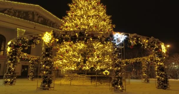 マリウポリだ 2022年新年 戦争の2ヶ月前 ドラマ劇場 クリスマスツリー 街の美しい装飾 雪の中で夜の平和都市 明るい光 — ストック動画