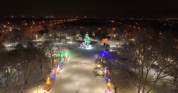 マリウポリだ 2022年新年 2021年12月27日 戦争の2ヶ月前 街の美しい装飾 雪の中で夜の平和都市 明るい光 — ストック動画