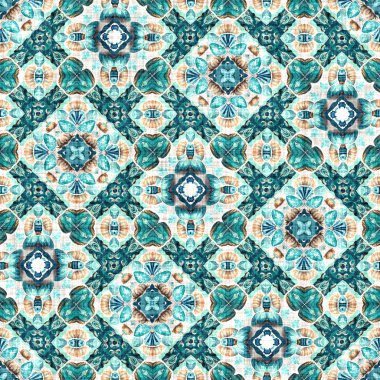  Modern nantucket summer printed fabric seamless repeat.Teal beach house coastal style patchwork pattern tile.