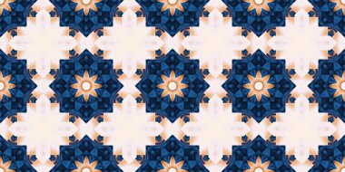  Seamless coastal geometrical floral mosaic effect banner. Ornamental blur bleed arabesque summer fashion repeat edge trim.Blue white watercolor azulejo tile border background.
