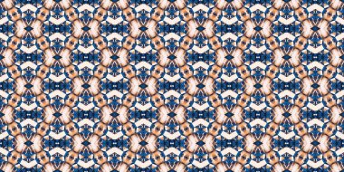  Seamless coastal geometrical floral mosaic effect banner. Ornamental blur bleed arabesque summer fashion repeat edge trim.Blue white watercolor azulejo tile border background.