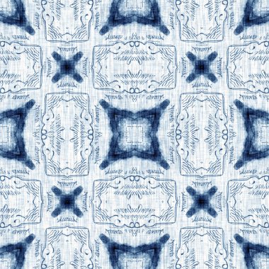 Indigo Dye Wash Coastal Damask Quilt Seamless Pattern. Washed out Dip Dyed Blur effect for Nautical and Marine Ocean Blue Interior Textile Backgrounds with Linen Texture Tile