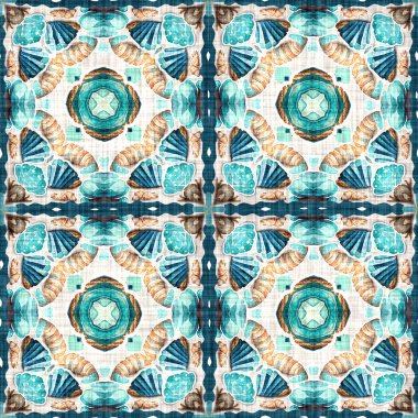  Modern nantucket summer printed fabric seamless repeat.Teal beach house coastal style patchwork pattern tile.