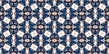  Seamless coastal geometrical floral mosaic effect banner. Ornamental blur bleed arabesque summer fashion repeat edge trim.Blue white watercolor azulejo tile border background.