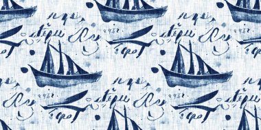  Washed out geometric dip dyed blur effect edging. Nautical and marine ocean blue masculine endless tape background with linen texture trim.Indigo dye wash coastal damask seamless border pattern.