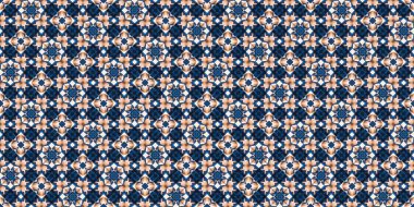  Seamless coastal geometrical floral mosaic effect banner. Ornamental blur bleed arabesque summer fashion repeat edge trim.Blue white watercolor azulejo tile border background.