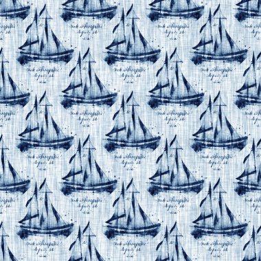 Çivit boyası, sahil temizliği, Damask yorganı, kusursuz desen. Dip Boyalı Görüntü efekti Deniz ve Deniz Mavisi İç Tekstil Arkaplanlarında keten desenli döşeme efekti