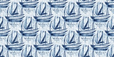 Washed out geometric dip dyed blur effect edging. Nautical and marine ocean blue masculine endless tape background with linen texture trim.Indigo dye wash coastal damask seamless border pattern.