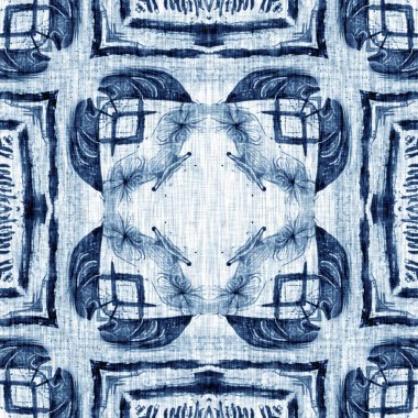 Indigo Dye Wash Coastal Damask Quilt Seamless Pattern. Washed out Dip Dyed Blur effect for Nautical and Marine Ocean Blue Interior Textile Backgrounds with Linen Texture Tile