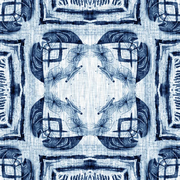 Indigo Dye Wash Coastal Damask Quilt Seamless Pattern Washed Out — 스톡 사진