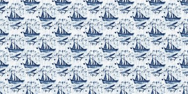 Washed out geometric dip dyed blur effect edging. Nautical and marine ocean blue masculine endless tape background with linen texture trim.Indigo dye wash coastal damask seamless border pattern. 